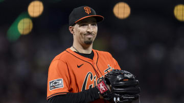 Apr 19, 2024; San Francisco, California, USA;  San Francisco Giants pitcher Blake Snell (7) reacts after walking an Arizona Diamondbacks batter during the fourth inning at Oracle Park.
