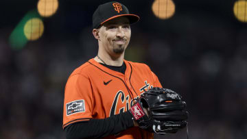 Apr 19, 2024; San Francisco, California, USA;  San Francisco Giants pitcher Blake Snell (7) reacts after walking an Arizona Diamondbacks batter during the fourth inning at Oracle Park. Mandatory Credit: John Hefti-USA TODAY Sports