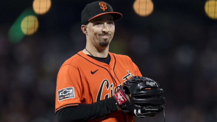 Apr 19, 2024; San Francisco, California, USA;  San Francisco Giants pitcher Blake Snell (7) reacts after walking an Arizona Diamondbacks batter during the fourth inning at Oracle Park.