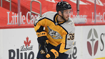 Apr 6, 2021; Detroit, Michigan, USA; Nashville Predators defenseman Jeremy Davies (38) during the game against the Nashville Predators at Little Caesars Arena. Mandatory Credit: Tim Fuller-Imagn Images