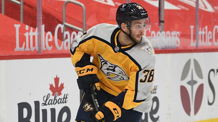 Apr 6, 2021; Detroit, Michigan, USA; Nashville Predators defenseman Jeremy Davies (38) during the game against the Nashville Predators at Little Caesars Arena. Mandatory Credit: Tim Fuller-Imagn Images
