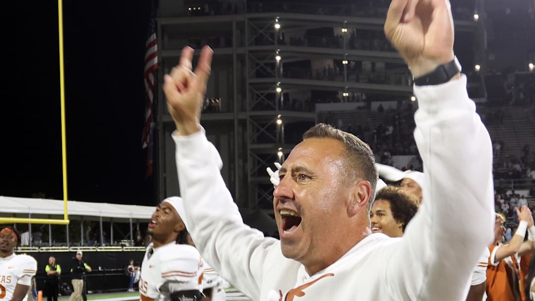 Oct 25, 2025; Starkville, Mississippi, USA; Texas Longhorns head coach Steve Sarkisian reacts after beating the Mississippi State Bulldogs in overtime at Davis Wade Stadium at Scott Field. Mandatory Credit: Petre Thomas-Imagn Images