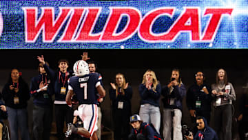 Nov 15, 2024; Tucson, Arizona, USA; Arizona Wildcats running back Quali Conley (7) runs to the end zone to score a touchdown during the third quarter against the Houston Cougars at Arizona Stadium. Mandatory Credit: Aryanna Frank-Imagn Images