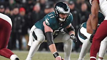 Jan 26, 2025; Philadelphia, PA, USA; Philadelphia Eagles center Cam Jurgens (51) against the Washington Commanders in the NFC Championship game at Lincoln Financial Field.