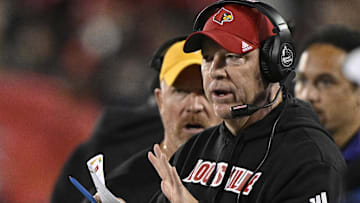 Nov 8, 2025; Louisville, Kentucky, USA;  Louisville Cardinals head coach Jeff Brohm watches from the sideline during the second half against the California Golden Bears at L&N Federal Credit Union Stadium. California defeated Louisville 29-26. Mandatory Credit: Jamie Rhodes-Imagn Images