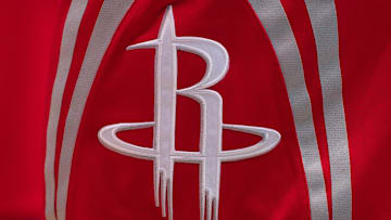 Apr 2, 2015; Dallas, TX, USA; A view of the Houston Rockets logo during the game between the Dallas Mavericks and the Houston Rockets at the American Airlines Center. The Rockets defeated the Mavericks 108-101. Mandatory Credit: Jerome Miron-Imagn Images
