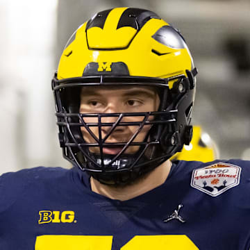 Dec 31, 2022; Glendale, Arizona, USA; Michigan Wolverines offensive lineman Tristan Bounds (72) against the TCU Horned Frogs during the 2022 Fiesta Bowl at State Farm Stadium. Mandatory Credit: Mark J. Rebilas-Imagn Images