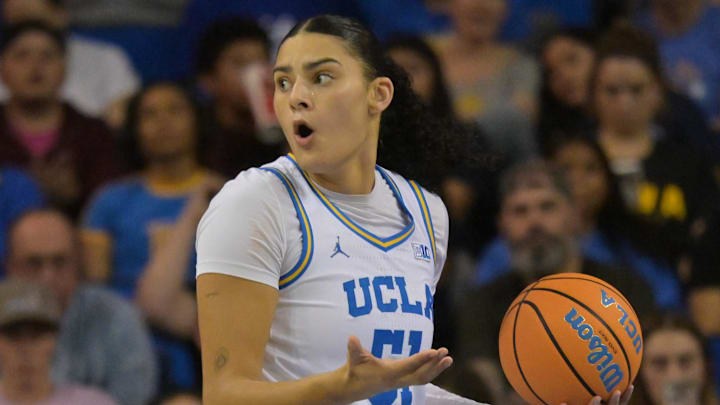 Feb 1, 2026; Los Angeles, California, USA;  UCLA Bruins center Lauren Betts (51) reacts after a foul call in the second half against the Iowa Hawkeyes at Pauley Pavilion presented by Wescom Financial. Mandatory Credit: Jayne Kamin-Oncea-Imagn Images