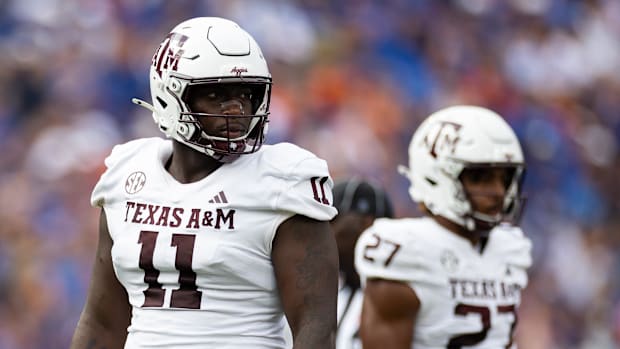 Texas A&M Aggies defensive lineman Nic Scourton looks toward the sideline against the Florida Gators. 