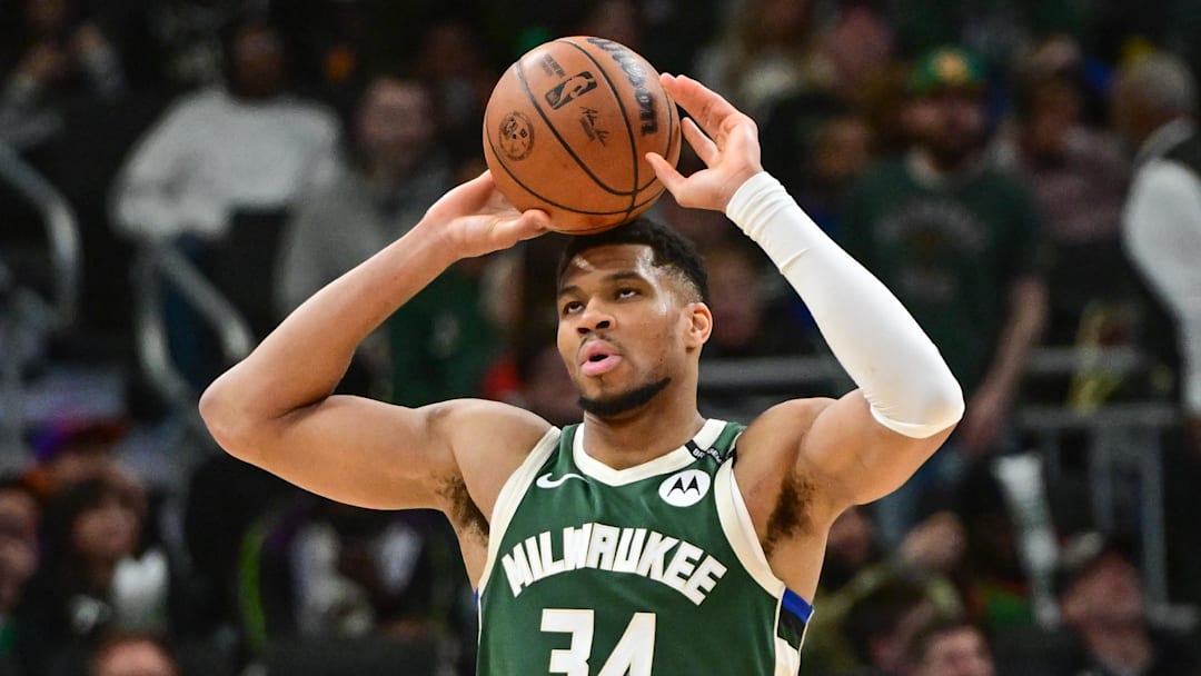 Apr 1, 2025; Milwaukee, Wisconsin, USA; Milwaukee Bucks forward Giannis Antetokounmpo (34) reacts in the fourth quarter against the Phoenix Suns at Fiserv Forum. Mandatory Credit: Benny Sieu-Imagn Images