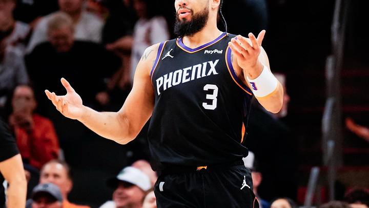 Feb 10, 2026; Phoenix, Arizona, USA; Phoenix Suns guard/forward Dillon Brooks (3) reacts during the second half the game at Mortgage Matchup Center. Mandatory Credit: Arianna Grainey-Imagn Images