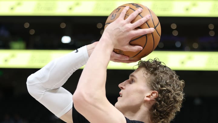 Mar 25, 2024; Salt Lake City, Utah, USA; Utah Jazz forward Lauri Markkanen warms up before the game against the Dallas Mavericks at Delta Center. Mandatory Credit: Rob Gray-USA TODAY Sports