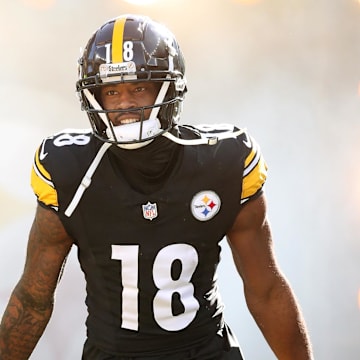 Dec 8, 2024; Pittsburgh, Pennsylvania, USA;  Pittsburgh Steelers wide receiver Mike Williams (18) reacts as he takes the field against the Cleveland Browns at Acrisure Stadium. Mandatory Credit: Charles LeClaire-Imagn Images
