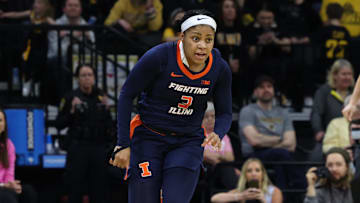 Feb 25, 2024; Iowa City, Iowa, USA; Illinois Fighting Illini guard Makira Cook (3) dribbles against the Iowa Hawkeyes during the second half at Carver-Hawkeye Arena. Mandatory Credit: Reese Strickland-Imagn Images