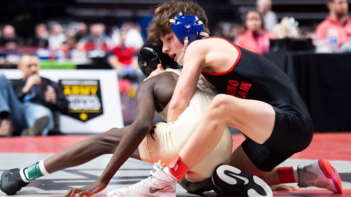 Hatboro-Horsham's Dominick Morrison (right) defeated three nationally ranked wrestlers at the Mid-Winter Mayhem.