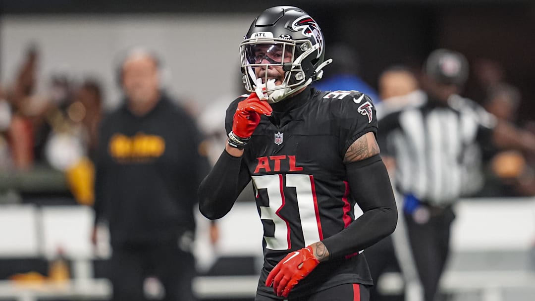 Sep 8, 2024; Atlanta, Georgia, USA; Atlanta Falcons safety Justin Simmons (31) on the field during the game against the Pittsburgh Steelers at Mercedes-Benz Stadium. Mandatory Credit: Dale Zanine-Imagn Images