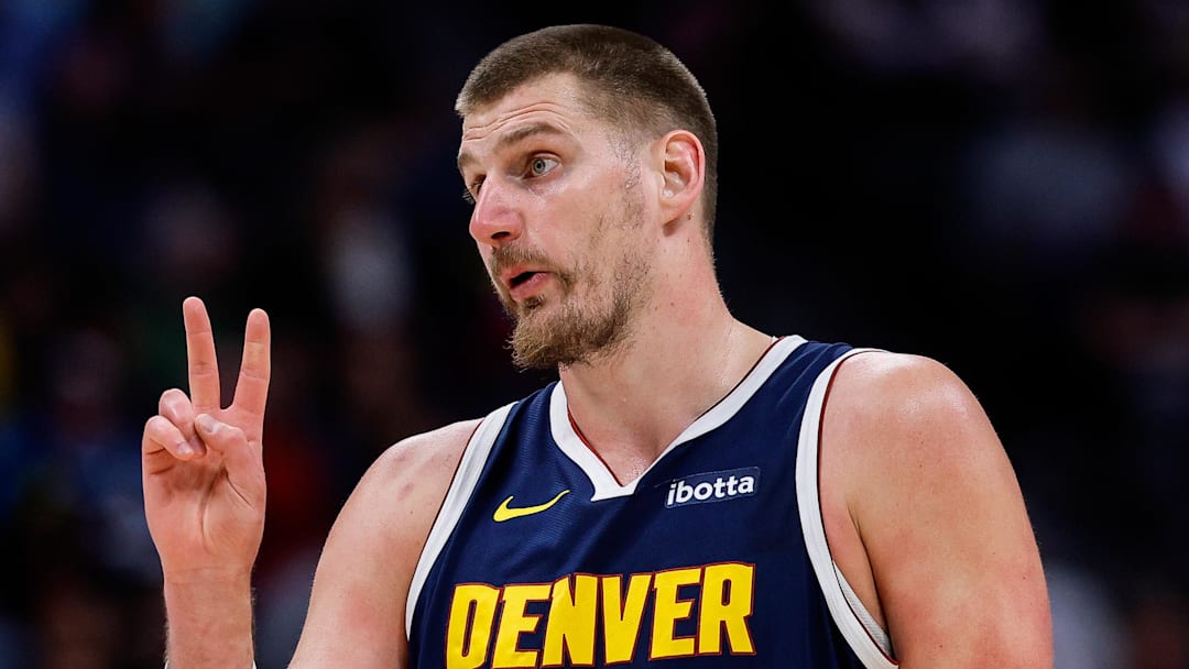 Apr 6, 2026; Denver, Colorado, USA; Denver Nuggets center Nikola Jokic (15) gestures in the second quarter against the Portland Trail Blazers at Ball Arena. Mandatory Credit: Isaiah J. Downing-Imagn Images
