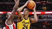 Mar 9, 2023; Chicago, IL, USA; Iowa Hawkeyes forward Kris Murray (24) looks to shoot against the Ohio State Buckeyes during the second half at United Center. Mandatory Credit: Kamil Krzaczynski-Imagn Images