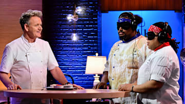 HELL'S KITCHEN: L-R: Gordon Ramsay with contestants Egypt and Whit in the HELL'S KITCHEN “A Sticky Situation” episode airing Thursday, Dec. 5 (8:00- 9:01 PM ET/PT) on FOX.