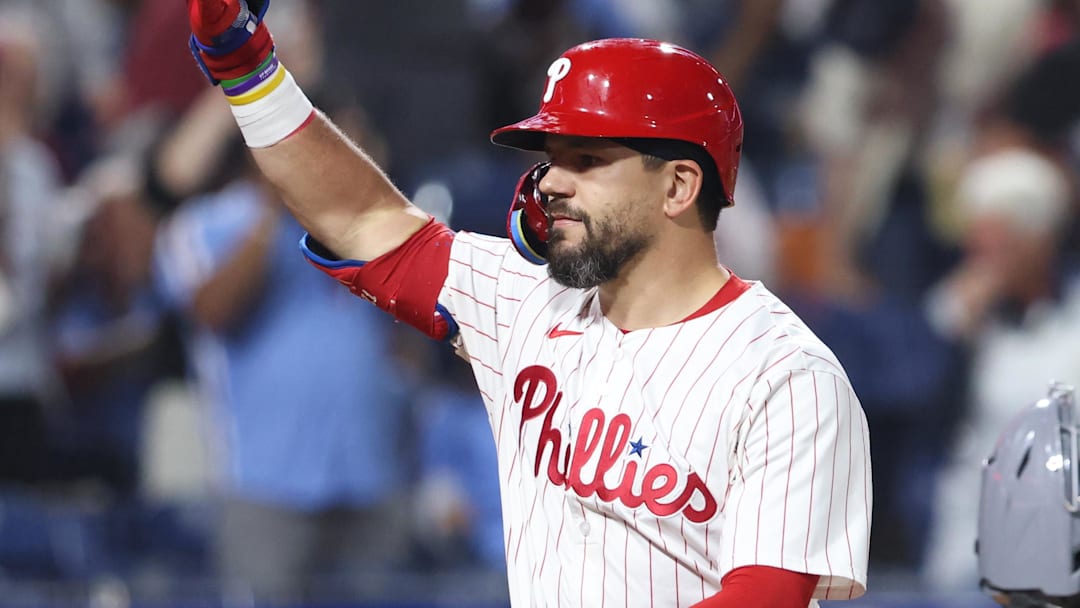 Sep 24, 2025; Philadelphia, Pennsylvania, USA; Philadelphia Phillies outfielder Kyle Schwarber (12) reacts after hitting a home run against the Miami Marlins during the third inning at Citizens Bank Park.