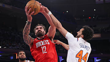  Houston Rockets center Steven Adams (12) rebounds against New York Knicks guard Landry Shamet (44) during the first half at Madison Square Garden.
