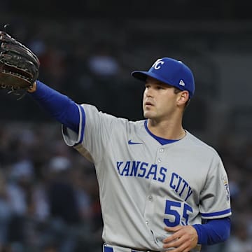 Apr 18, 2025; Detroit, Michigan, USA; Kansas City Royals pitcher Cole Ragans (55) during the fourth inning against the Detroit Tigers at Comerica Park. Mandatory Credit: Brian Bradshaw Sevald-Imagn Images