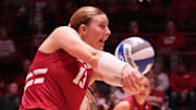 Wisconsin's Sarah Franklin (13) digs a serve during the match against Michigan State on Saturday, November 30, 2024 at the UW Field House in Madison, Wisconsin.
