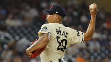 Jul 25, 2025; Minneapolis, Minnesota, USA; Minnesota Twins relief pitcher Jhoan Duran (59) throws to the Washington Nationals in the ninth inning at Target Field.