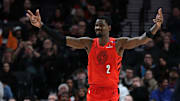 Portland Trail Blazers center Deandre Ayton reacts after a play.