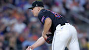 Aug 1, 2025; New York City, New York, USA; New York Mets relief pitcher Ryan Helsley (56) pitches against the San Francisco Giants during the ninth inning at Citi Field. Mandatory Credit: Brad Penner-Imagn Images