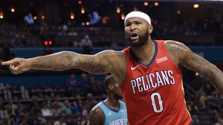 Jan 24, 2018; Charlotte, NC, USA; New Orleans Pelicans forward center DeMarcus Cousins (0) reacts to the referee after being fouled during the first half against the Charlotte Hornets at Spectrum Center. Mandatory Credit: Sam Sharpe-Imagn Images