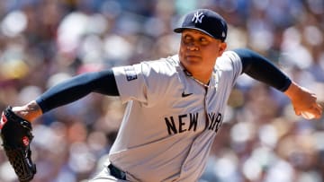 May 26, 2024; San Diego, California, USA; New York Yankees relief pitcher Victor Gonzalez (47) throws a pitch during the sixth inning against the San Diego Padres at Petco Park. Mandatory Credit: David Frerker-USA TODAY Sports