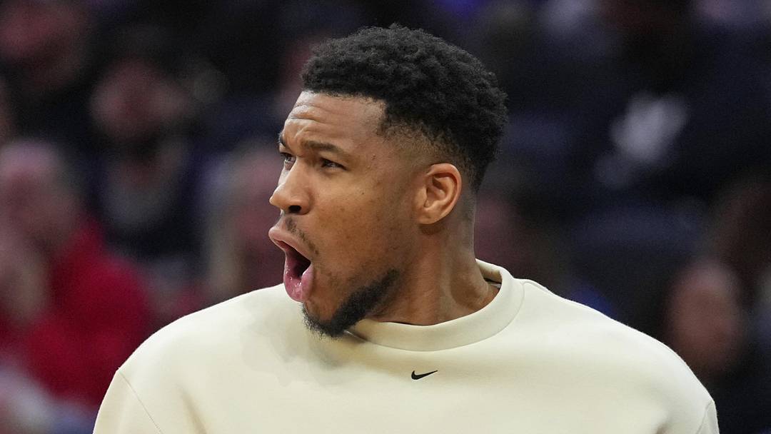 Milwaukee Bucks forward Giannis Antetokounmpo reacts against the Philadelphia 76ers at Xfinity Mobile Arena on Apr 12, 2026.