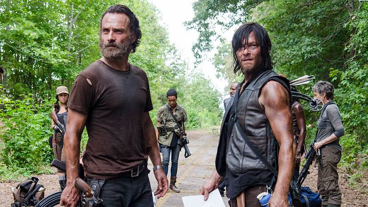 Christian Serratos as Rosita Espinosa, Andrew Lincoln as Rick Grimes, Sonequa Martin-Green as Sasha, Norman Reedus as Daryl Dixon and Melissa McBride as Carol Peletier - The Walking Dead