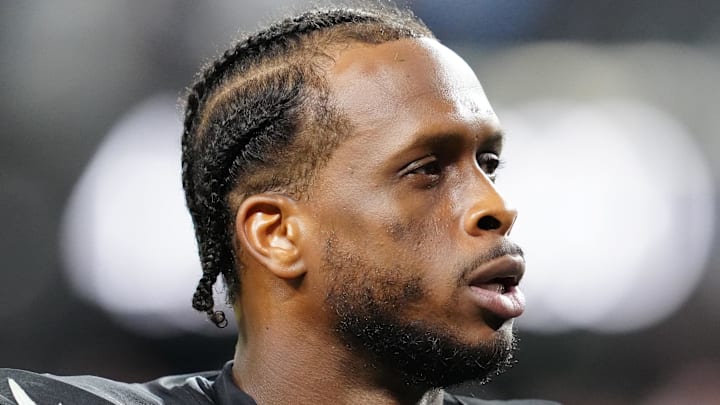 Nov 17, 2025; Paradise, Nevada, USA; Las Vegas Raiders quarterback Geno Smith (7) reacts after the game against the Dallas Cowboys at Allegiant Stadium. Mandatory Credit: Stephen R. Sylvanie-Imagn Images