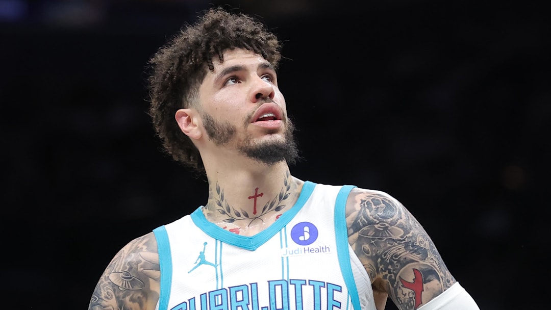 Mar 31, 2026; Brooklyn, New York, USA; Charlotte Hornets guard LaMelo Ball (1) during the first quarter against the Brooklyn Nets at Barclays Center. Mandatory Credit: Brad Penner-Imagn Images
