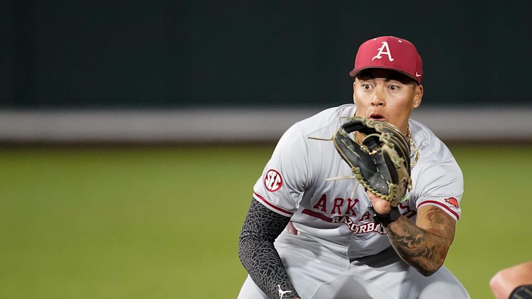 Arkansas' Wehiwa Aloy (9) forces out Vanderbilt's Brodie Johnston (9) during the seventh inning at Hawkins Field in Nashville, Tenn., Friday, March 28, 2025.