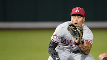 Arkansas' Wehiwa Aloy (9) forces out Vanderbilt's Brodie Johnston (9) during the seventh inning at Hawkins Field in Nashville, Tenn., Friday, March 28, 2025.