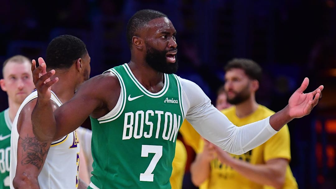 Feb 22, 2026; Los Angeles, California, USA; Boston Celtics guard Jaylen Brown (7) reacts after being called for a foul against the Los Angeles Lakers during the second half at Crypto.com Arena. Mandatory Credit: Gary A. Vasquez-Imagn Images