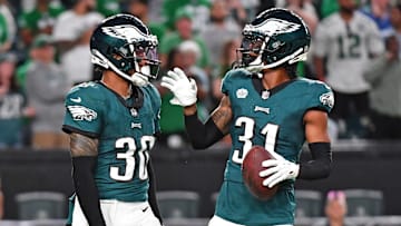 Sep 14, 2023; Philadelphia, Pennsylvania, USA; Philadelphia Eagles safety Justin Evans (30) and cornerback Mario Goodrich (31) against the Minnesota Vikings at Lincoln Financial Field. Mandatory Credit: Eric Hartline-Imagn Images