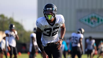 Jacksonville Jaguars cornerback Tyson Campbell (32) gets up from tackling drills Tuesday, Aug. 1, 2023 at Miller Electric Center at EverBank Stadium in Jacksonville, Fla. Today marked the first padded practice.
