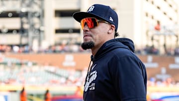 Detroit Tigers shortstop Javier Baez walks off the field as the Tigers honor Latino players before the game against Baltimore Orioles at Comerica Park in Detroit on Saturday, September 14, 2024.