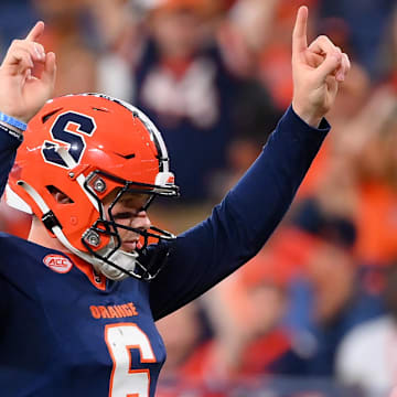 Aug 31, 2024; Syracuse, New York, USA; Syracuse Orange quarterback Kyle McCord (6) reacts after a play against the Ohio Bobcats during the second half at the JMA Wireless Dome. Mandatory Credit: Rich Barnes-Imagn Images