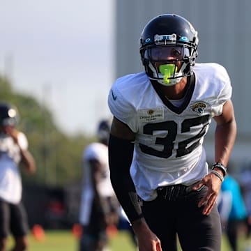 Jacksonville Jaguars cornerback Tyson Campbell (32) gets up from tackling drills Tuesday, Aug. 1, 2023 at Miller Electric Center at EverBank Stadium in Jacksonville, Fla. Today marked the first padded practice.