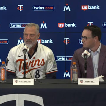 Derek Shelton at his introductory press conference with the Twins. 