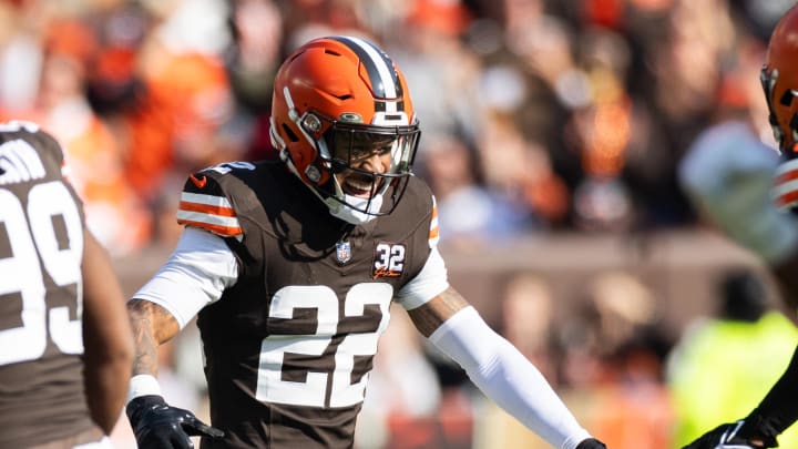 Nov 5, 2023; Cleveland, Ohio, USA; Cleveland Browns safety Grant Delpit (22) celebrates a third down stop against the Arizona Cardinals during the first quarter at Cleveland Browns Stadium. Mandatory Credit: Scott Galvin-USA TODAY Sports