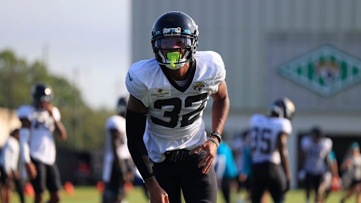 Jacksonville Jaguars cornerback Tyson Campbell (32) gets up from tackling drills Tuesday, Aug. 1, 2023 at Miller Electric Center at EverBank Stadium in Jacksonville, Fla. Today marked the first padded practice.