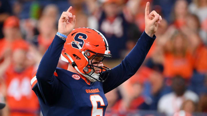 Aug 31, 2024; Syracuse, New York, USA; Syracuse Orange quarterback Kyle McCord (6) reacts after a play against the Ohio Bobcats during the second half at the JMA Wireless Dome. Mandatory Credit: Rich Barnes-USA TODAY Sports