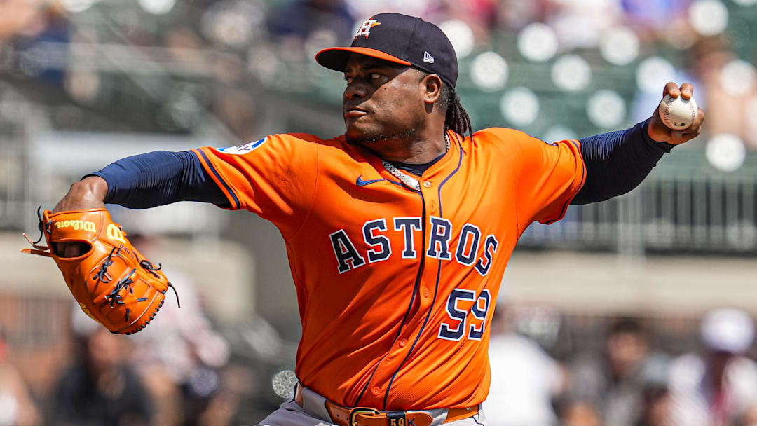 Houston Astros starting pitcher Framber Valdez (59) pitches against the Atlanta Braves during the second inning at Truist Park.