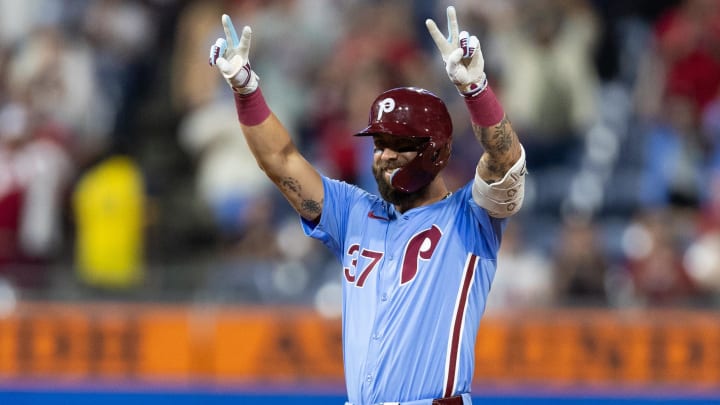 Aug 15, 2024; Philadelphia, Pennsylvania, USA; Philadelphia Phillies outfielder Weston Wilson (37) reacts after hitting a double during the eighth inning to complete the cycle against the Washington Nationals at Citizens Bank Park